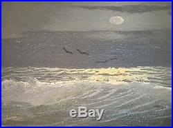 Vtg Original Oil Painting Canvas Signed Schippers Moon Light Ocean Waves Sea Art