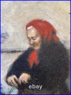 Vtg Original Portrait Oil Painting Elderly Woman Weaving Signed Realism OOAK