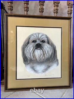 Vtg Original Shihtzu Dog Chalk Painting Signed/Framed 1986