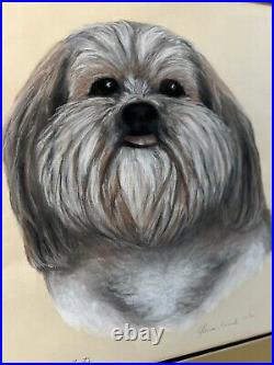 Vtg Original Shihtzu Dog Chalk Painting Signed/Framed 1986