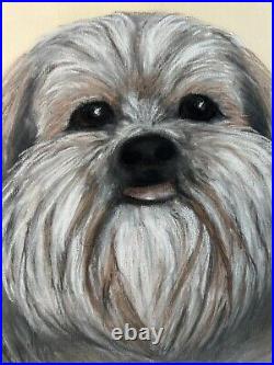 Vtg Original Shihtzu Dog Chalk Painting Signed/Framed 1986