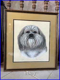 Vtg Original Shihtzu Dog Chalk Painting Signed/Framed 1986