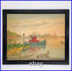 Vtg Original Signed Oil Painting Tug Boat Docks Seascape Nautical Art 1951 Frame Vtg Original Signed Oil Painting Tug Boat Docks Seascape Nautical Art 1951 Frame