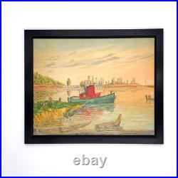 Vtg Original Signed Oil Painting Tug Boat Docks Seascape Nautical Art 1951 Frame Vtg Original Signed Oil Painting Tug Boat Docks Seascape Nautical Art 1951 Frame