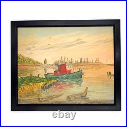 Vtg Original Signed Oil Painting Tug Boat Docks Seascape Nautical Art 1951 Frame