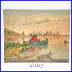 Vtg Original Signed Oil Painting Tug Boat Docks Seascape Nautical Art 1951 Frame