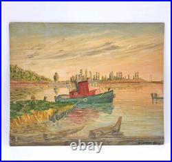 Vtg Original Signed Oil Painting Tug Boat Docks Seascape Nautical Art 1951 Frame