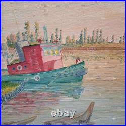 Vtg Original Signed Oil Painting Tug Boat Docks Seascape Nautical Art 1951 Frame