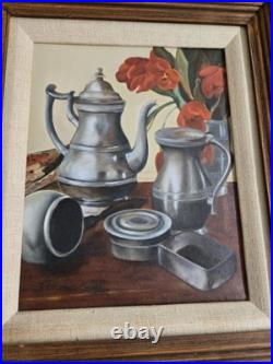 Vtg. Original framed oil painting on canvas. Pewter objects still life. Signed Vtg. Original framed oil painting on canvas. Pewter objects still life. Signed