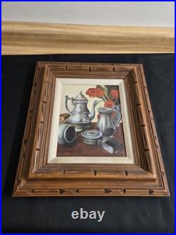 Vtg. Original framed oil painting on canvas. Pewter objects still life. Signed Vtg. Original framed oil painting on canvas. Pewter objects still life. Signed