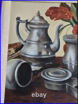 Vtg. Original framed oil painting on canvas. Pewter objects still life. Signed Vtg. Original framed oil painting on canvas. Pewter objects still life. Signed