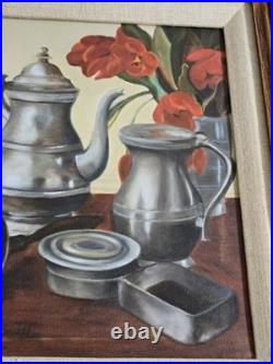 Vtg. Original framed oil painting on canvas. Pewter objects still life. Signed Vtg. Original framed oil painting on canvas. Pewter objects still life. Signed