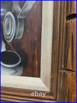 Vtg. Original framed oil painting on canvas. Pewter objects still life. Signed Vtg. Original framed oil painting on canvas. Pewter objects still life. Signed