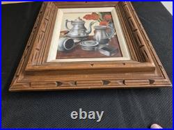 Vtg. Original framed oil painting on canvas. Pewter objects still life. Signed Vtg. Original framed oil painting on canvas. Pewter objects still life. Signed
