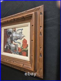 Vtg. Original framed oil painting on canvas. Pewter objects still life. Signed Vtg. Original framed oil painting on canvas. Pewter objects still life. Signed