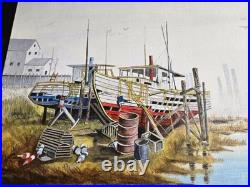 Vtg. Original painting boat at dock, maybe New England. Signed, on board