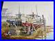 Vtg. Original painting boat at dock, maybe New England. Signed, on board