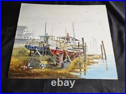 Vtg. Original painting boat at dock, maybe New England. Signed, on board