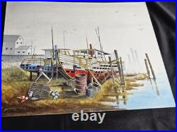 Vtg. Original painting boat at dock, maybe New England. Signed, on board