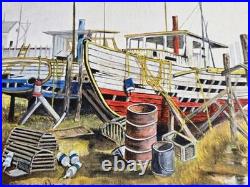 Vtg. Original painting boat at dock, maybe New England. Signed, on board Vtg. Original painting boat at dock, maybe New England. Signed, on board