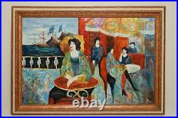 Vtg Painting. Oil on canvas, a lady at a seaside cafe. Signed