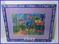 Vtg Painting Print Jungle Scene Signed Framed Matted Animated Colorful 22 x 18