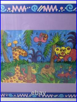 Vtg Painting Print Jungle Scene Signed Framed Matted Animated Colorful 22 x 18