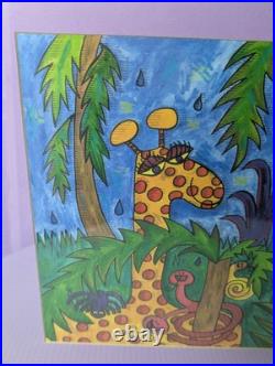 Vtg Painting Print Jungle Scene Signed Framed Matted Animated Colorful 22 x 18