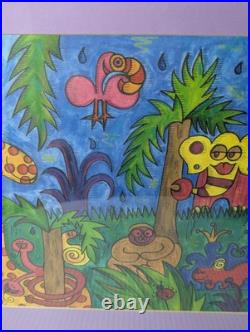 Vtg Painting Print Jungle Scene Signed Framed Matted Animated Colorful 22 x 18