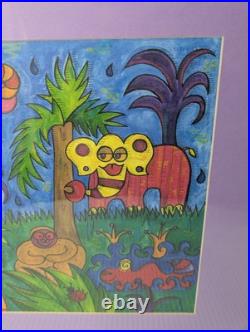 Vtg Painting Print Jungle Scene Signed Framed Matted Animated Colorful 22 x 18