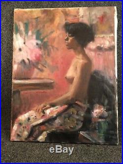 Vtg Portrait Oil Painting on Canvas. Young Black Woman Seated in Chair Signed