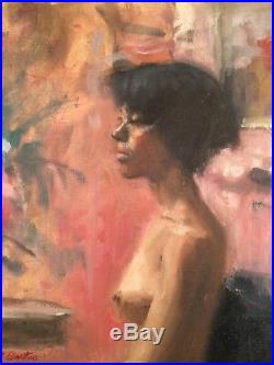 Vtg Portrait Oil Painting on Canvas. Young Black Woman Seated in Chair Signed