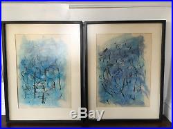 Vtg Pr Mid Century Modern Abstract Painting Drawing Watercolor Signed