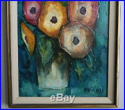 Vtg ROBERTA FERRIS Mid-Century Modern MCM Abstract Painting Flowers, Signed
