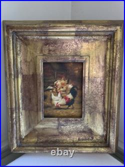 Vtg Robert Grace Painting Signed P. Clark 14x16 Roosters Barnyard Chickens