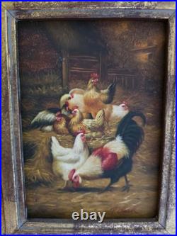 Vtg Robert Grace Painting Signed P. Clark 14x16 Roosters Barnyard Chickens