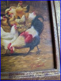 Vtg Robert Grace Painting Signed P. Clark 14x16 Roosters Barnyard Chickens