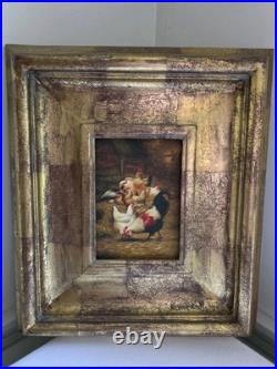 Vtg Robert Grace Painting Signed P. Clark 14x16 Roosters Barnyard Chickens