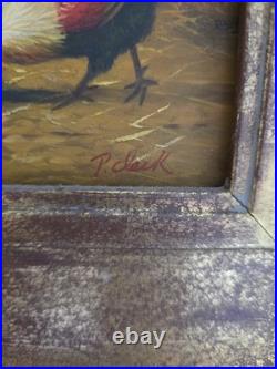 Vtg Robert Grace Painting Signed P. Clark 14x16 Roosters Barnyard Chickens