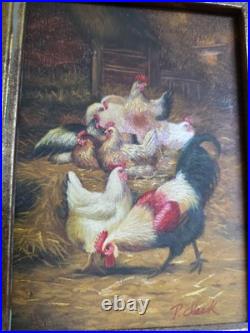Vtg Robert Grace Painting Signed P. Clark 14x16 Roosters Barnyard Chickens