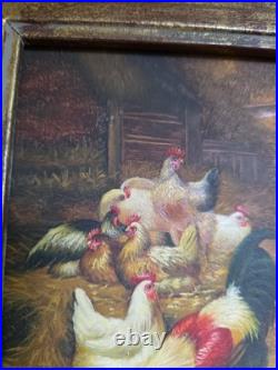 Vtg Robert Grace Painting Signed P. Clark 14x16 Roosters Barnyard Chickens