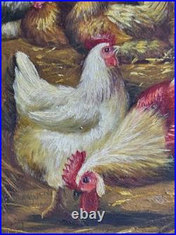 Vtg Robert Grace Painting Signed P. Clark 14x16 Roosters Barnyard Chickens
