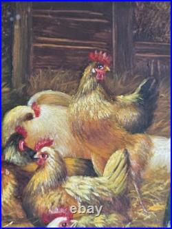 Vtg Robert Grace Painting Signed P. Clark 14x16 Roosters Barnyard Chickens