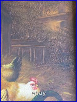 Vtg Robert Grace Painting Signed P. Clark 14x16 Roosters Barnyard Chickens
