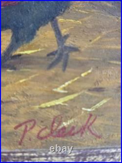 Vtg Robert Grace Painting Signed P. Clark 14x16 Roosters Barnyard Chickens