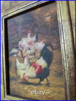 Vtg Robert Grace Painting Signed P. Clark 14x16 Roosters Barnyard Chickens