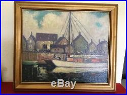 Vtg Rockport Harbor Oil Painting on Canvas by Frederic Polley, Indiana Artist