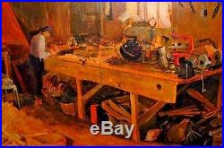 Vtg Signed Oil Painting Workshop Industrial Tools Carpenter Mid Century Modern