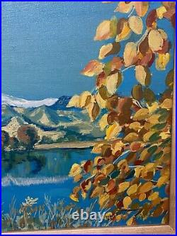 Vtg signed GLADYS A FINCH 1959 oil painting canvas board rocky mountains lake
