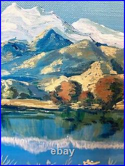 Vtg signed GLADYS A FINCH 1959 oil painting canvas board rocky mountains lake